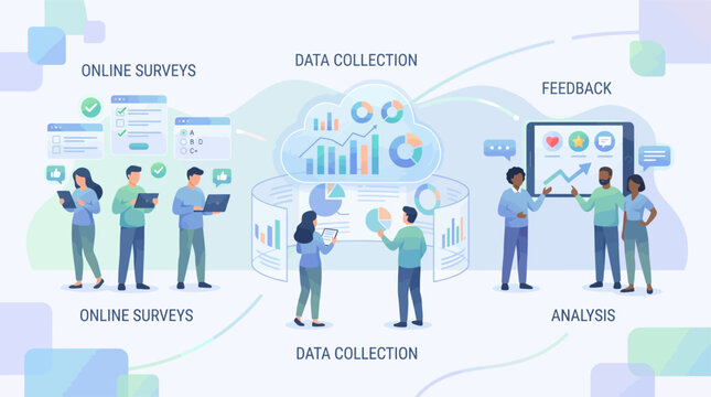 Diverse business professionals collaborate on data collection analysis and feedback strategies utilizing digital tools and charts for informed decision making and growth in a modern office setting