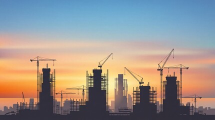 Obraz premium Construction skyline with cranes at sunset urban landscape photography city environment wide angle view modern development