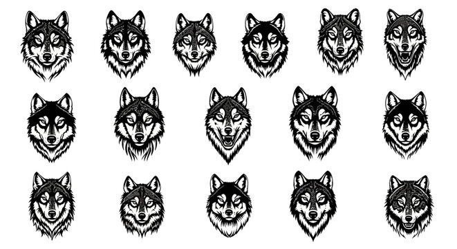 Collection of 15 unique wolf head illustrations in black and white various expressions detailed fur textures on plain background