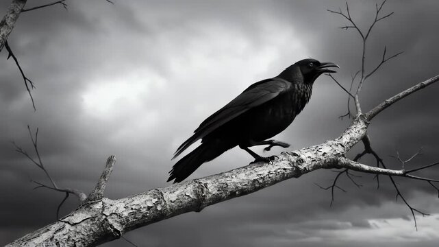 Black Crow Perched on Dead Tree Branch Against Stormy Sky