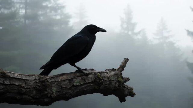 Black Crow Silhouette Perched on Tree Branch in Foggy Forest
