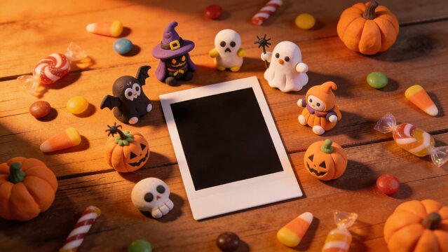 halloween candy and decorations flat lay on wooden table