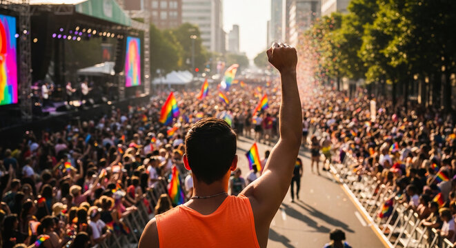 A raised fist in front of a large crowd holding rainbow flags, symbolizing pride and celebration at a public event