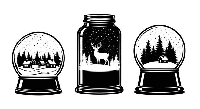 Snow globes with winter scenes and a deer in a jar black and white illustration