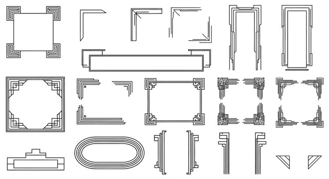 Art Deco frame collection, vintage geometric border set, 18 black and white linear vector elements, retro architectural corner ornaments for invitations