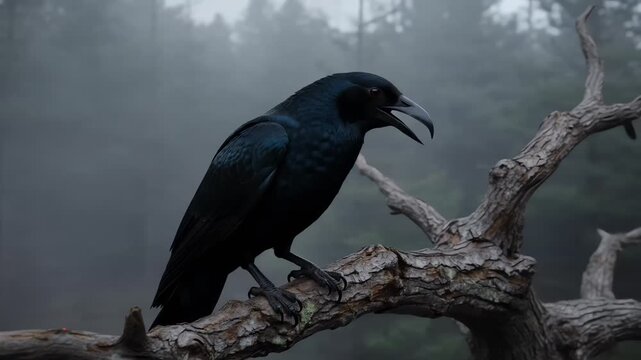 Black Raven Perched on a Dead Branch in Misty Dark Forest