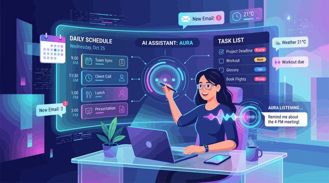 Young woman interacting with futuristic holographic interface displaying calendar task list and data analytics showcasing digital organization and advanced technology in a modern workspace
