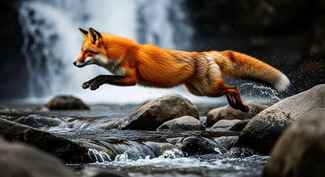 Red fox leaps across rocky stream with waterfall background animal wildlife