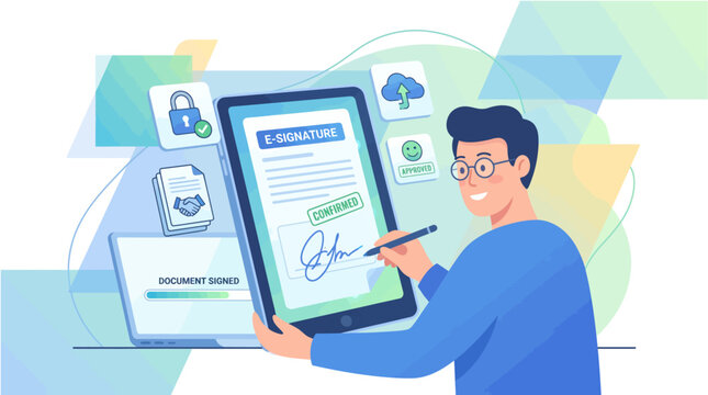 Man signing digital document on tablet with stylus electronic signature cloud storage secure lock laptop screen showing contract modern technology concept for remote business transactions and digital