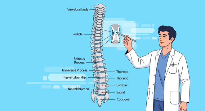 Doctor explaining human spine anatomy with vertebral column diagram and labels