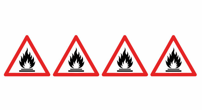 Flammable material warning signs, set of 4 fire hazard triangular icons, red and black combustible substance alert symbols for industrial safety