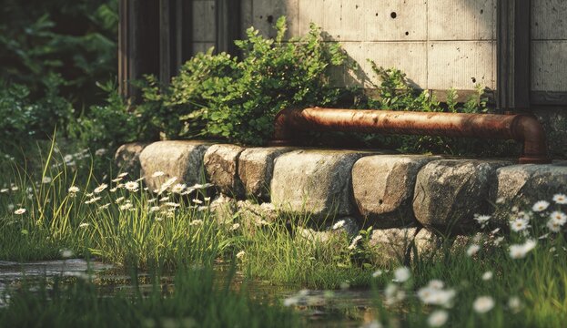 Overgrown nature reclaiming industrial remnants, with a rusty pipe near a stone wall
