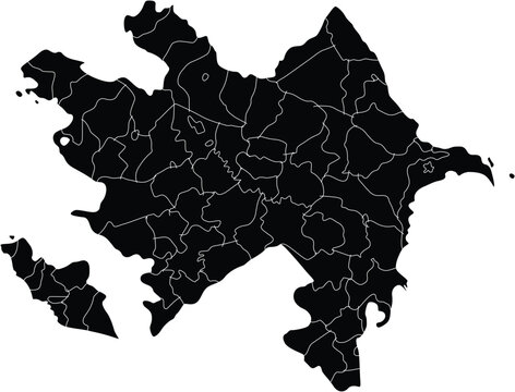 Print, Azerbaijan Country Map with Districts - Black White Detailed Administrative Outline