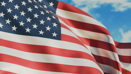 USA flag waving in wind close up, against the background of the sky with clouds, full frame realistic render © yatsan lee