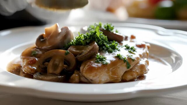 Pan seared chicken breast with mushroom sauce and fresh herbs