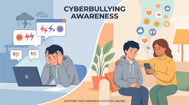Cyber-bullying awareness concept with teenager being comforted by friend