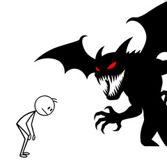 Obraz premium Minimalist illustration of a large winged shadow beast looming over a dejected person representing the weight of depression and inner demons