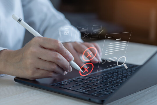 Employee submitting request and manager reviewing approval or rejection in HR workflow system on laptop.