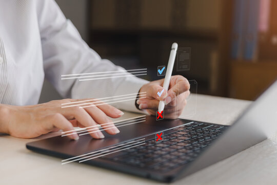 Business user making fast approval and rejection decisions on digital workflow system with productivity concept.