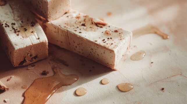 Gourmet nougat bars with honey and spices, a delightful homemade dessert treat. Artisanal nougat bars drizzled with golden honey and sprinkled with aromatic spices, perfect for a cozy indulgence