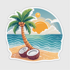 Obraz premium Tropical Beach Scene with Palm Tree and Coconuts at Sunset