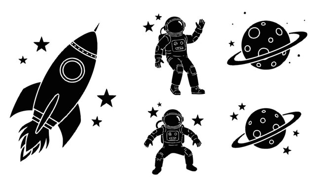 Retro space icons vector set, black and white rocket ship astronauts and ringed planets silhouettes. Minimal cosmic clipart for logos, stickers, UI