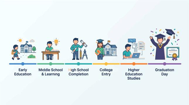 Education journey timeline infographic with students learning and graduating