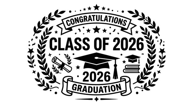 Congratulations class of 2026 graduation badge with cap diploma and books