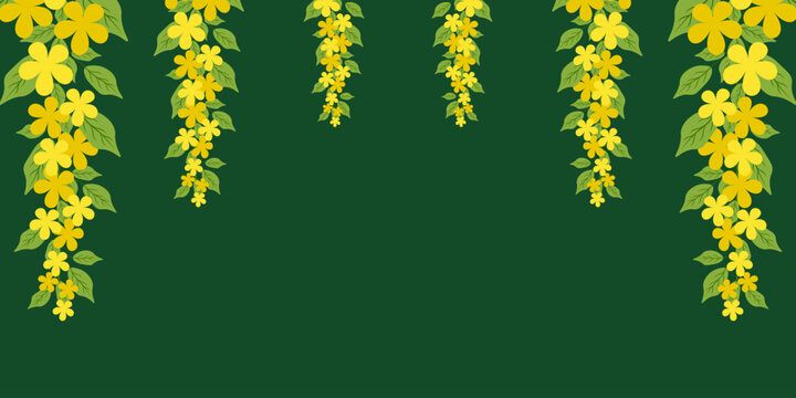 Yellow Floral Frame with Empty space for text. Vector golden rain tree Frame with copy space. Vishu festival horizontal Banner design. EPS 10