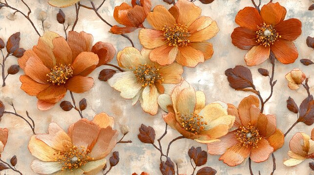 A beautiful floral pattern featuring soft orange and cream flowers. This elegant design adds a touch of freshness and warmth to any space. Perfect for home decor or textile design. AI