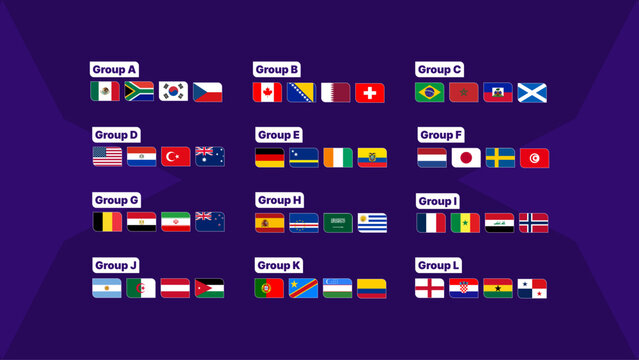 FIFA Vector set of 2026 World Cup participating team flags organized by groups A to L. Featuring modern rounded badge designs inspired by the official 2026