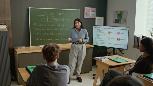 Full shot of young Hispanic female teacher discussing prevention of STI diseases with teenage students at reproductive health lesson, drawing attention to blackboard with key facts