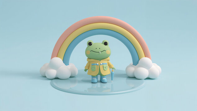 虹の下で黄色い雨具のカエルが水たまりに立つ3D風イラスト