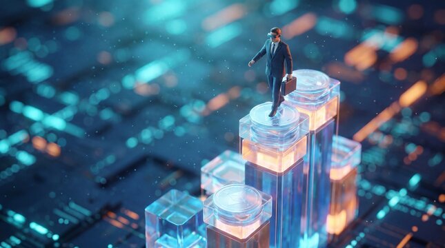 Businessman with vr headset walking on digital ethereum cryptocurrency growth chart