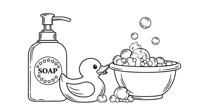Minimal line art bath time icons, soap pump bottle with label and rubber duck beside bubble bathtub. Black and white vector outline for hygiene branding