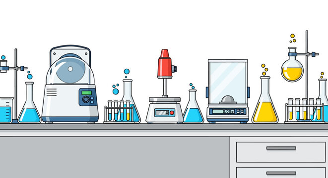 Modern Science Laboratory Interior With Centrifuge Magnetic Stirrer and Digital Scale on White Background