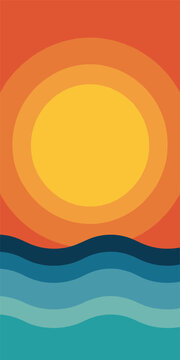 Stylized Sunset Over Abstract Ocean Waves Flat Design background
