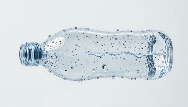 A clear plastic water bottle lying on its side with water droplets on a light gray background