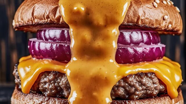 Savor the deliciousness of a gourmet cheeseburger crafted with precision.