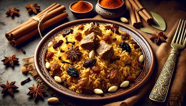 Traditional Middle Eastern Kabsa rice dish with meat, almonds, and raisins in a rustic bowl.