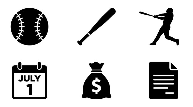 Key baseball icons illustrating game equipment, player action, calendar dates, financial symbols, and important legal documents for sports management and athlete agreements