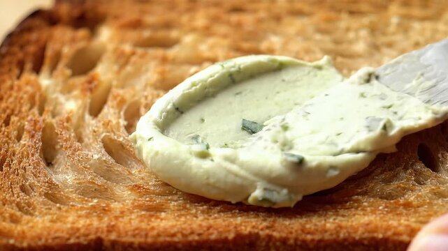 Macro shot of spreading herbed cream cheese on a toasted slice of artisan bread with a knife.