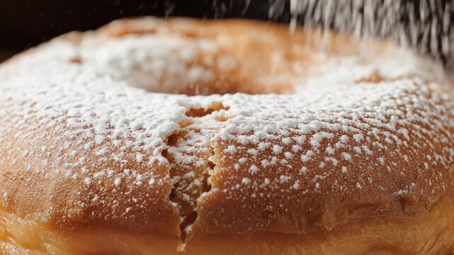 Macro shot of powdered sugar falling on a fresh golden donut in kitchen