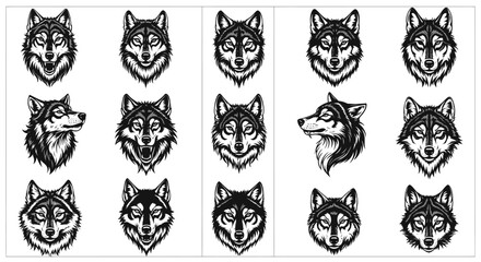 Collection of wolf head illustrations in various expressions and angles on white background © Asim