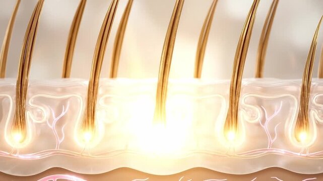 Close up view hair follicles embedded skin layers showing beauty wellness healthy hair growth glowing roots natural skin texture detailed medical illustration scalp care close up natural glowing hair