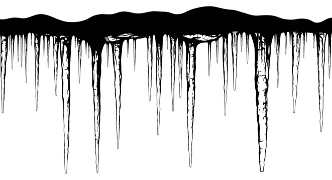 Black icicles hanging from a dark ledge on a white background creating a dramatic abstract scene
