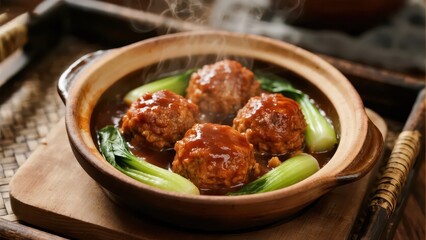 Fototapeta premium Steaming braised lion's head meatballs in a clay pot, coated in rich sauce with green vegetables, warm and appetizing, full of homely flavor.