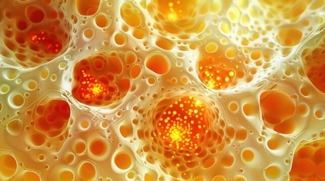 Abstract biological micro structure of cells absorbing active ingredients or nutrients under microscope representing medical visualization of skin layers or bones