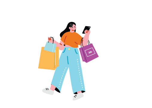 買い物をしながらスマホを見る女性のイラスト