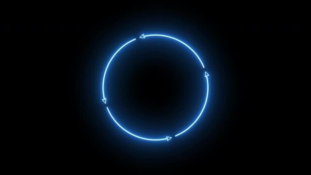 Luminous blue neon circle with dynamic arrows on a dark background, symbolizing continuous digital refresh, cyclical processes, and modern technological concepts. 4k High Quality videos